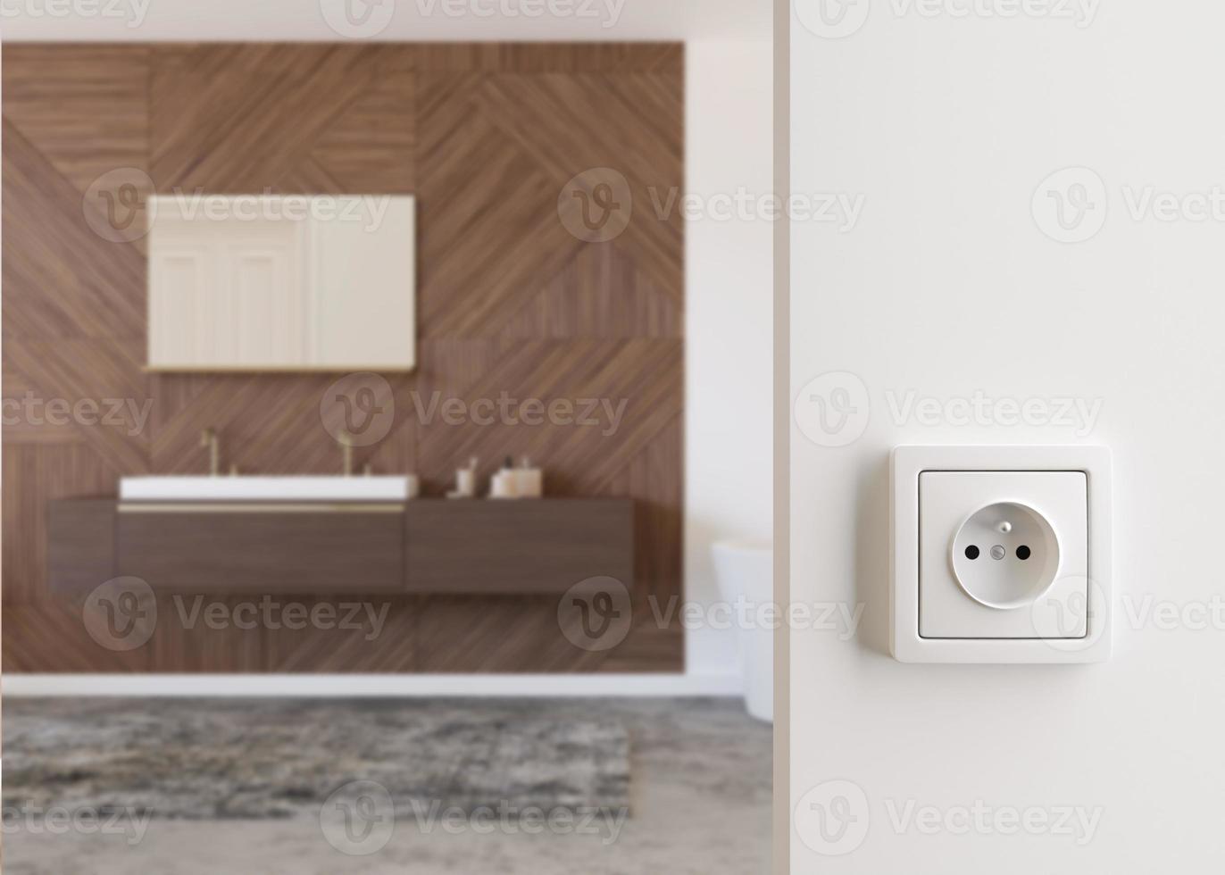White electric socket on the wall at home. Close up view. Save electricity, electricity is getting more expensive. Energy crisis, energy price. 3d rendering. photo