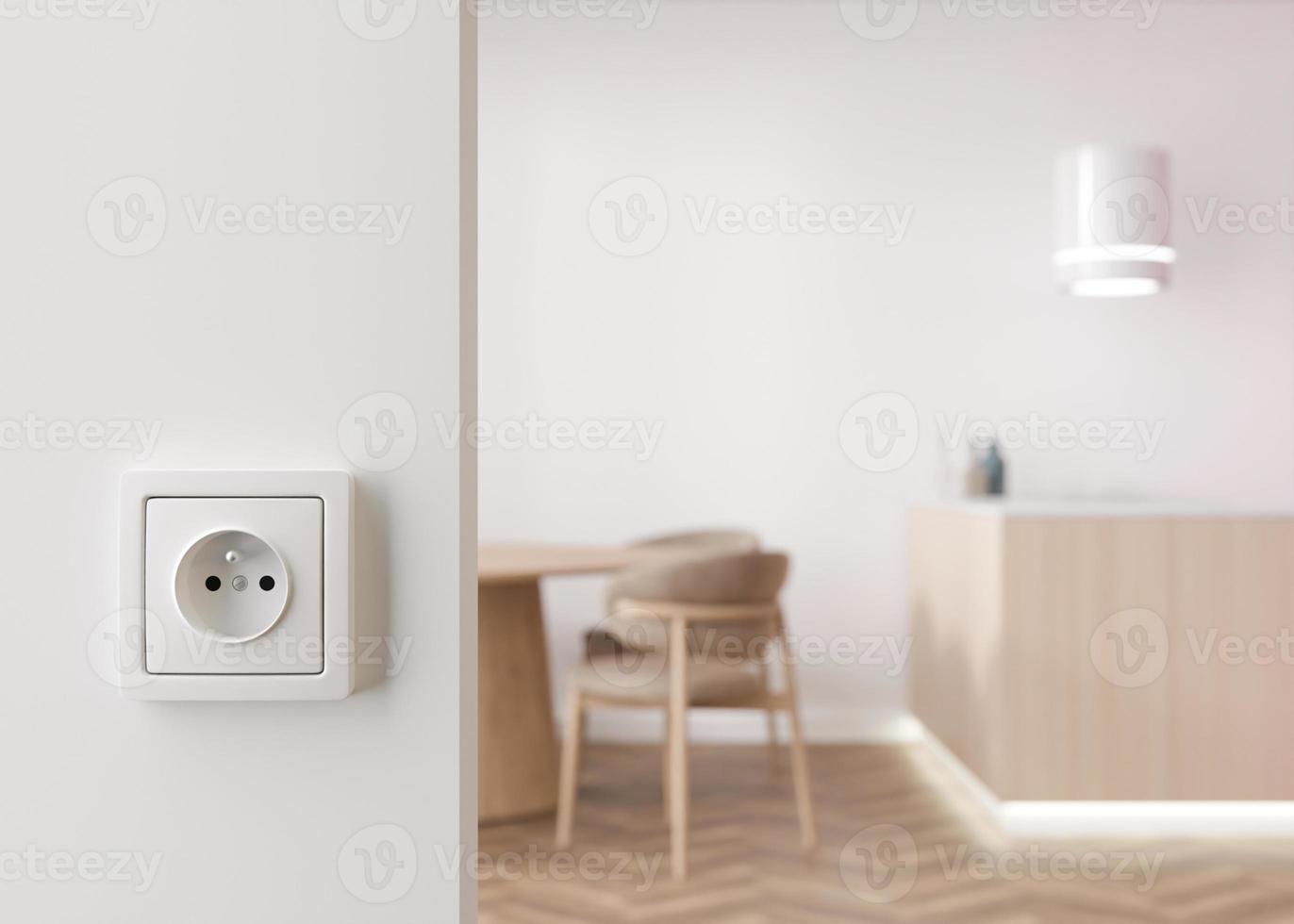 White electric socket on the wall at home. Close up view. Save electricity, electricity is getting more expensive. Energy crisis, energy price. 3d rendering. photo