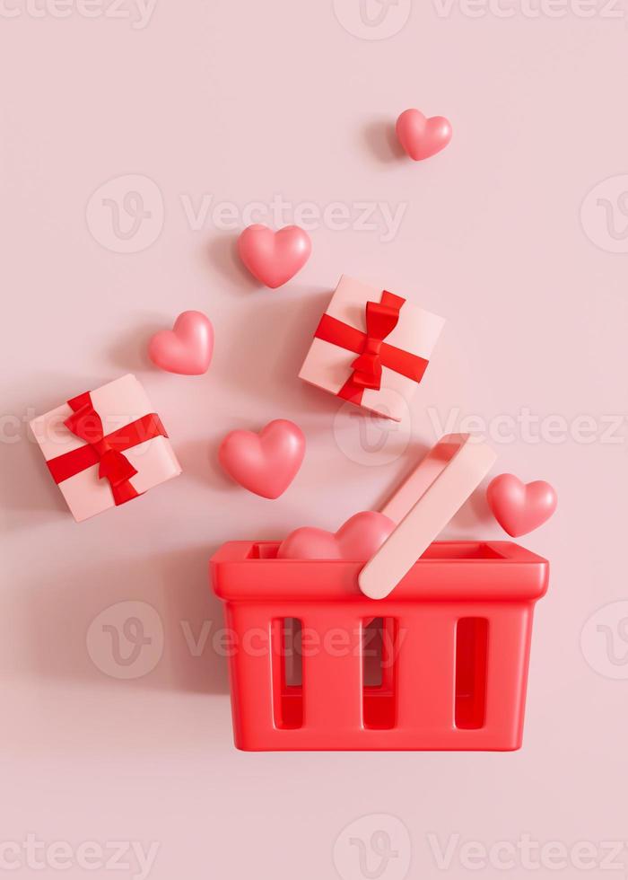 Shopping basket with gift boxes and hearts on pink background. Buying presents. Valentine's Day, Mother's or Woman's Day shopping, sale. Vertical format. 3D illustration. photo