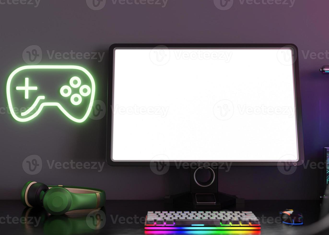 Monitor with blank white screen. Gaming at home. Computer mock up. Copy space for app, game, website presentation. Empty screen. Modern interior. Neon lights. Gamer place. 3D render. photo