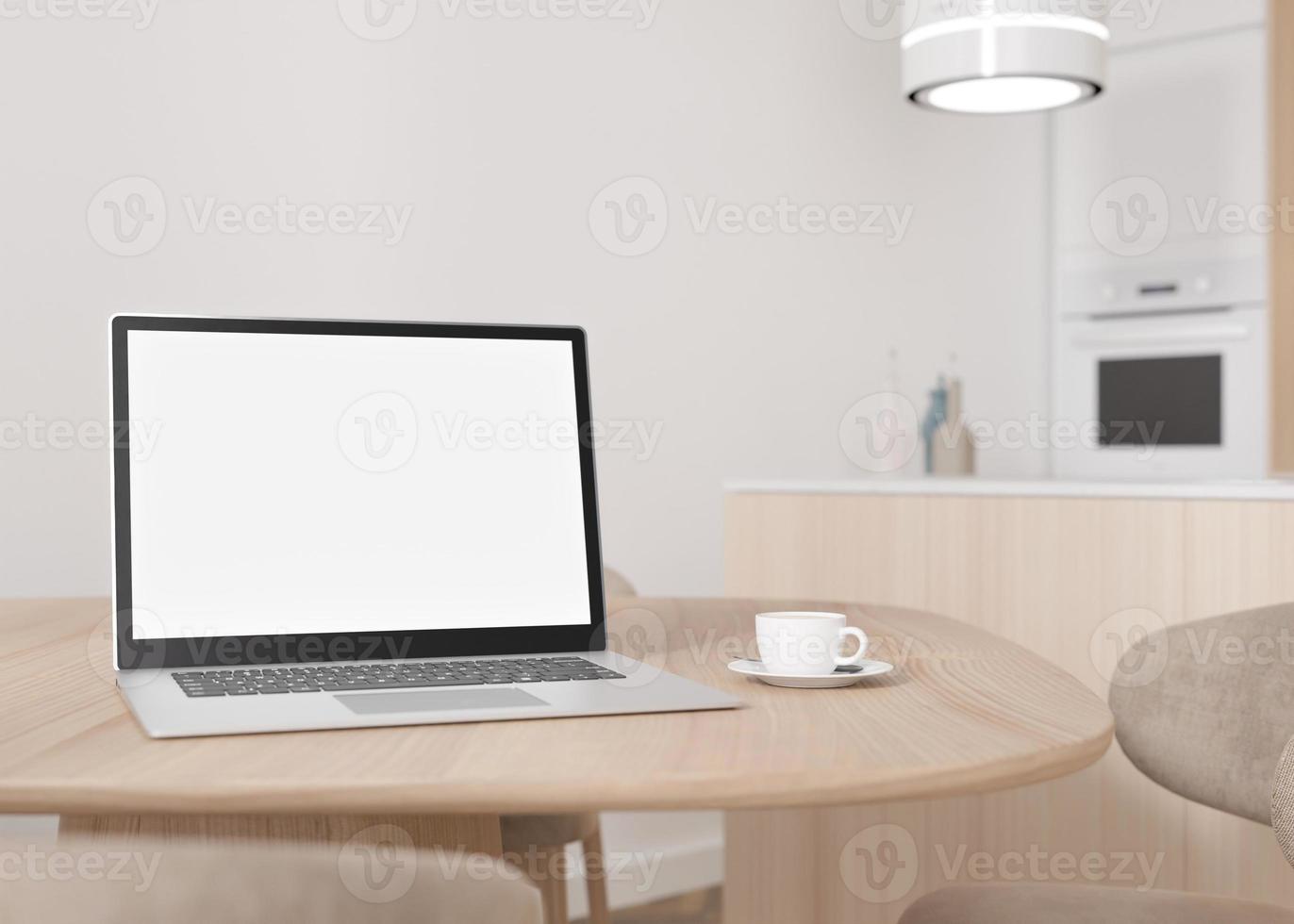 Laptop with blank white screen, on wooden table at home. Computer mock up. Free, copy space for app, game, web site presentation. Empty laptop screen ready for your design. Modern interior. 3D render. photo