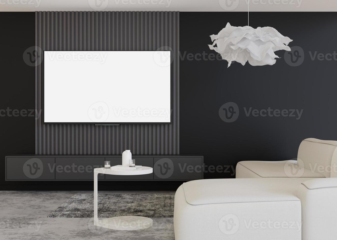 tv led con pantalla blanca en blanco, colgada en la pared de casa. maqueta de televisión. copiar espacio para publicidad, películas, presentación de aplicaciones. pantalla de televisión vacía lista para su diseño. interiores modernos procesamiento 3d foto