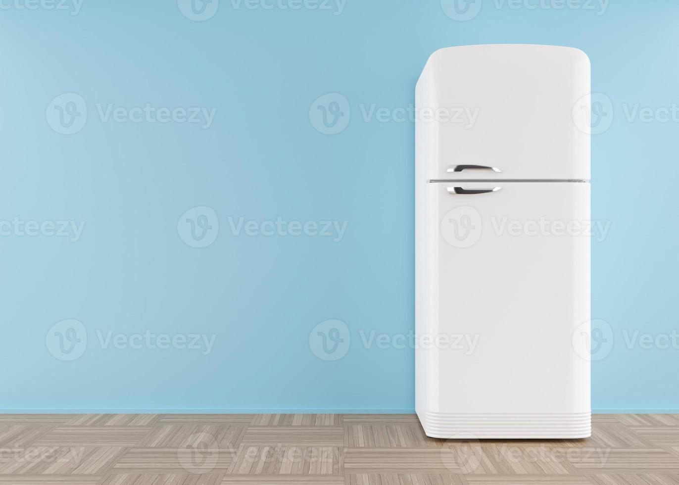 Refrigerator standing in empty room. Free, copy space for text or other objects. Household electrical equipment. Modern kitchen appliance. White fridge with freezer. 3d rendering. photo