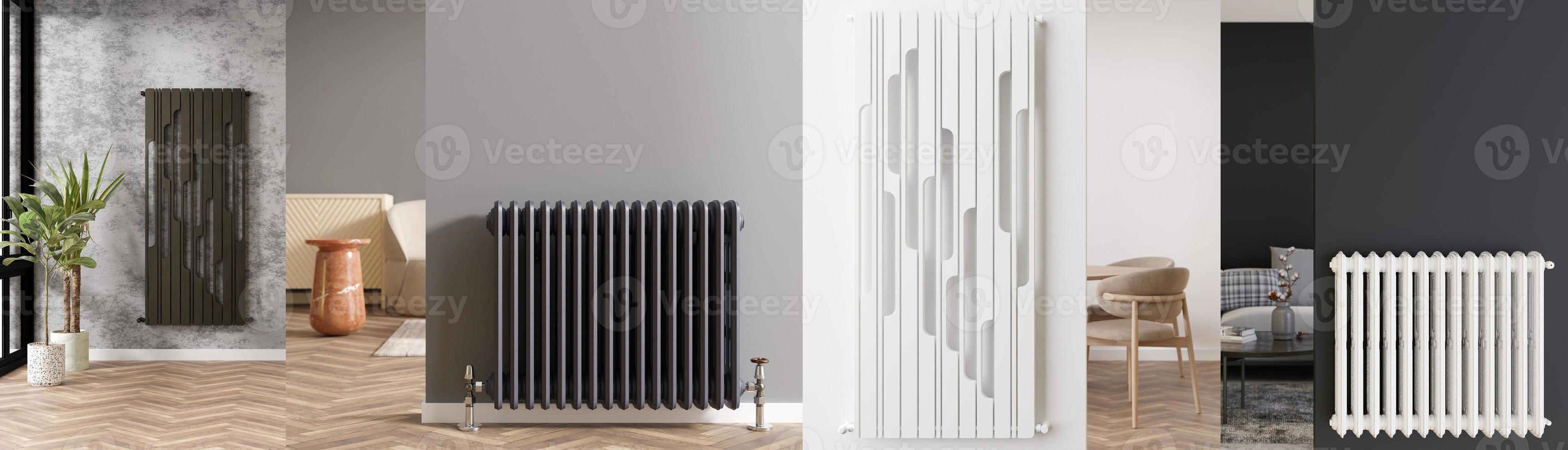 Collage with various modern heating radiators in home interior. Beautiful design radiator. Banner with heating elements. Radiator shop, store, consulting. Heating planning. 3D rendering. photo