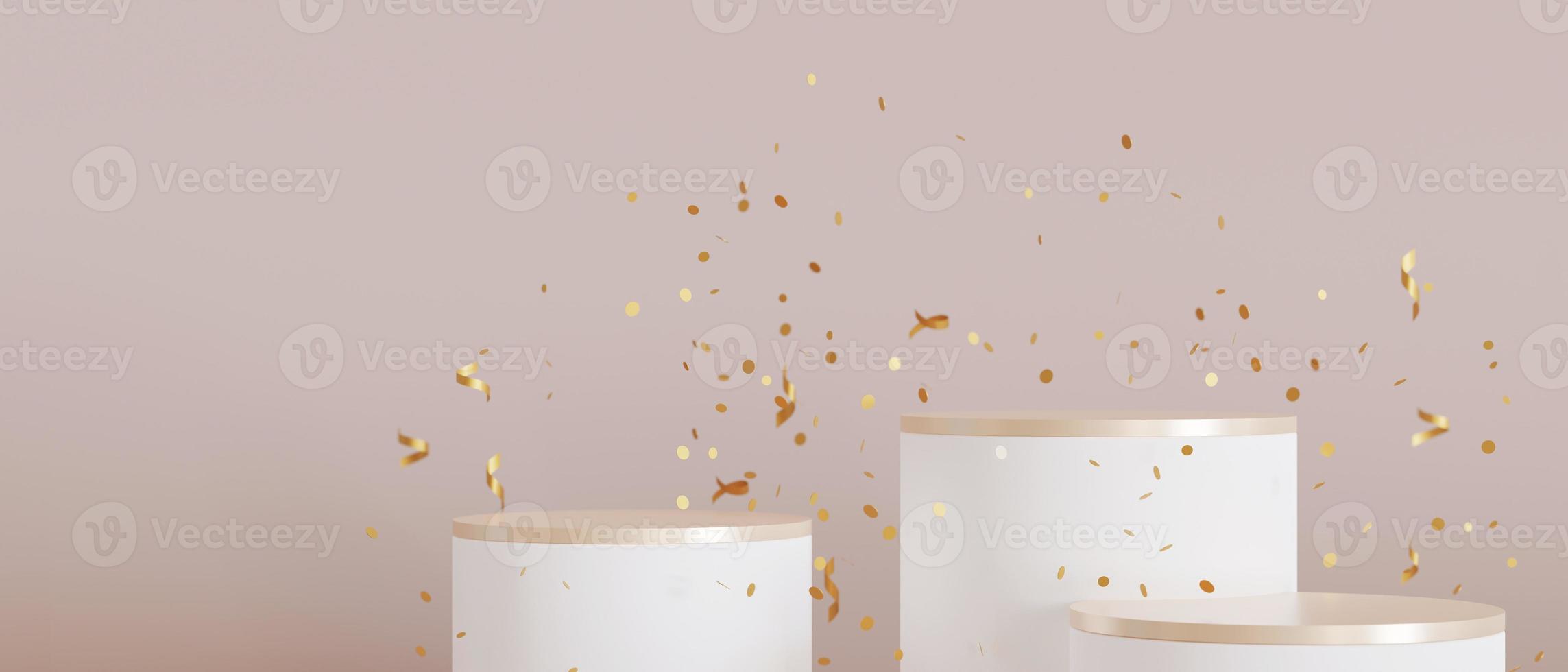 conjunto de podios blancos y dorados con confeti cayendo sobre fondo beige. elegantes podios para productos, presentación cosmética. Bosquejo. pedestal, plataforma para productos de belleza. escena vacía. procesamiento 3d foto
