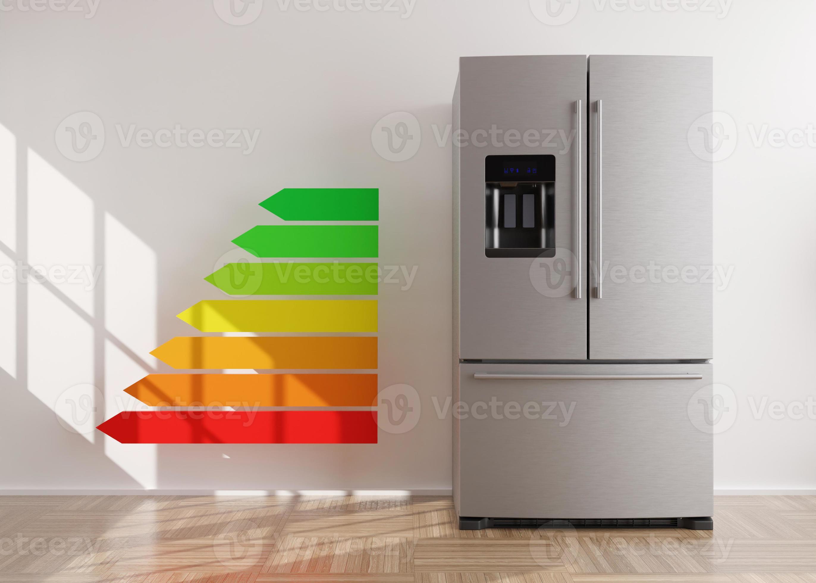 Refrigerator and energy efficiency rating chart. Household electrical equipment. Modern kitchen