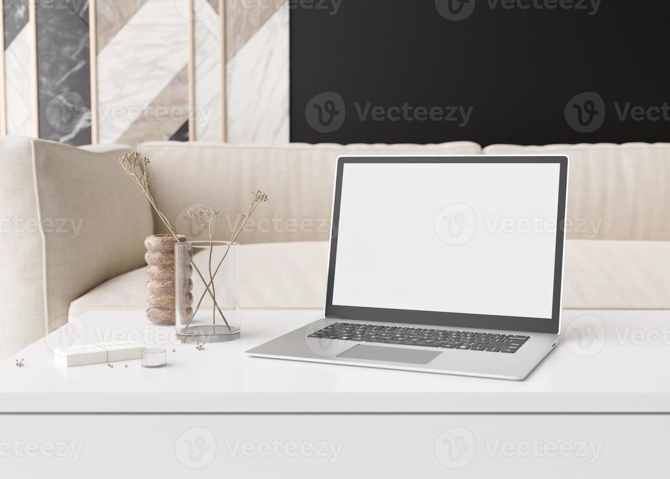 Laptop with blank white screen, on white table at home. Computer mock up. Free, copy space for app, game, web site presentation. Empty laptop screen ready for your design. Modern interior. 3D render. photo