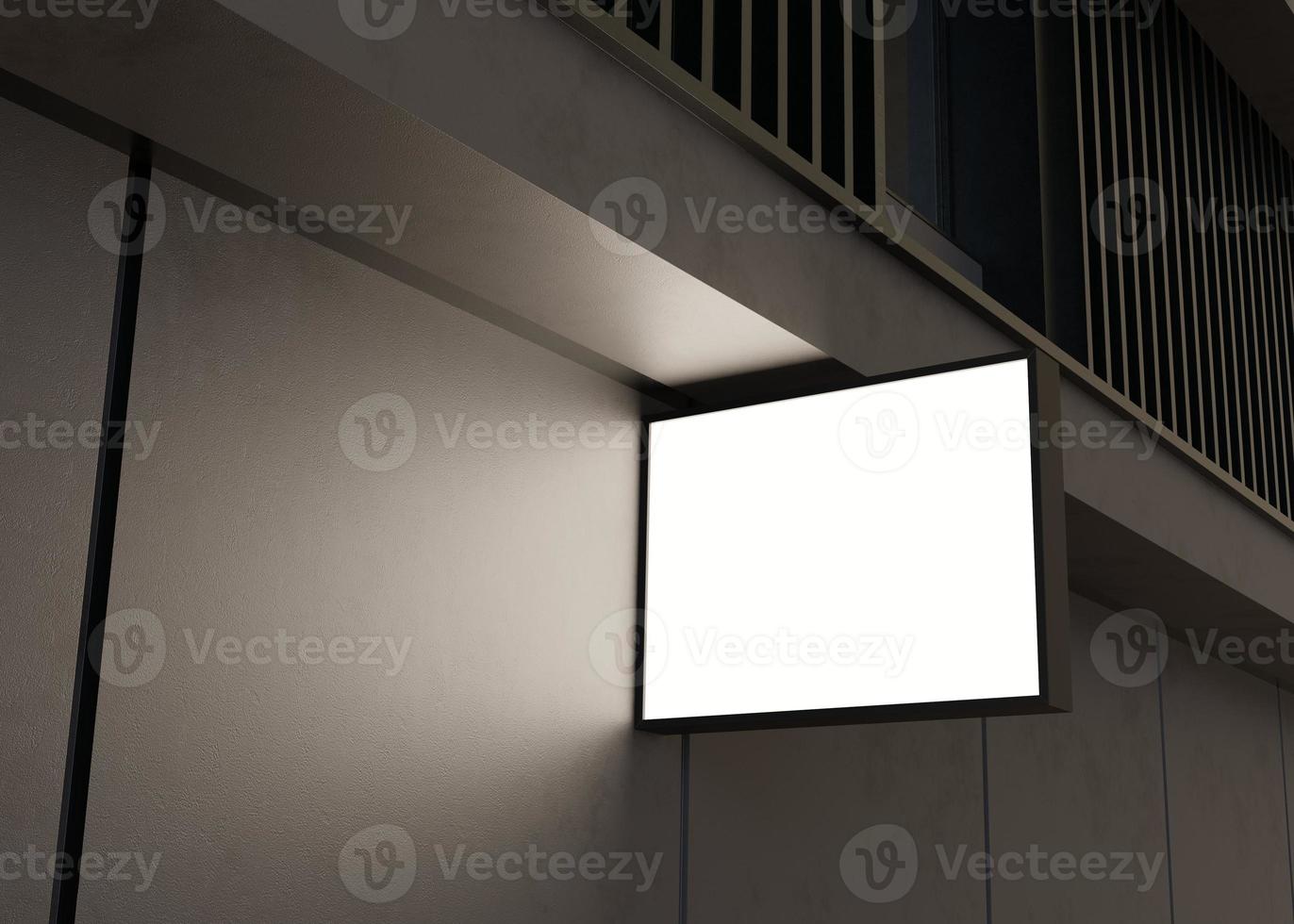 Blank signboard mock up, on the facade. Copy space for your store sign or logo. Modern empty outdoor signage, mockup to add company logo. Store Signboard. Illuminated lightbox on dark wall. 3d render. photo