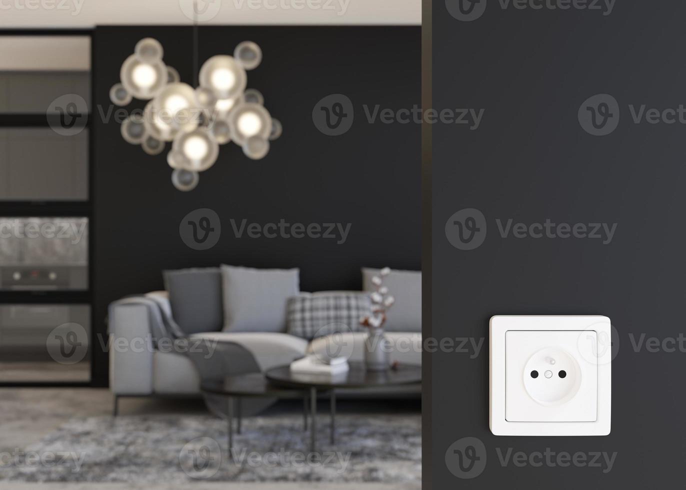 White electric socket on the wall at home. Close up view. Save electricity, electricity is getting more expensive. Energy crisis, energy price. 3d rendering. photo
