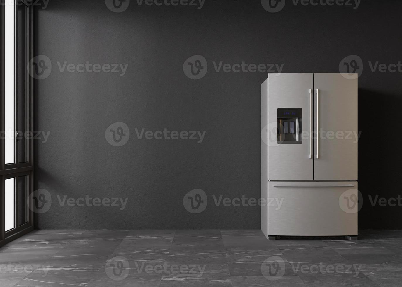 Refrigerator standing in empty room. Free, copy space for text or other objects. Household electrical equipment. Modern kitchen appliance. Stainless steel fridge with double doors, freezer. 3d render. photo