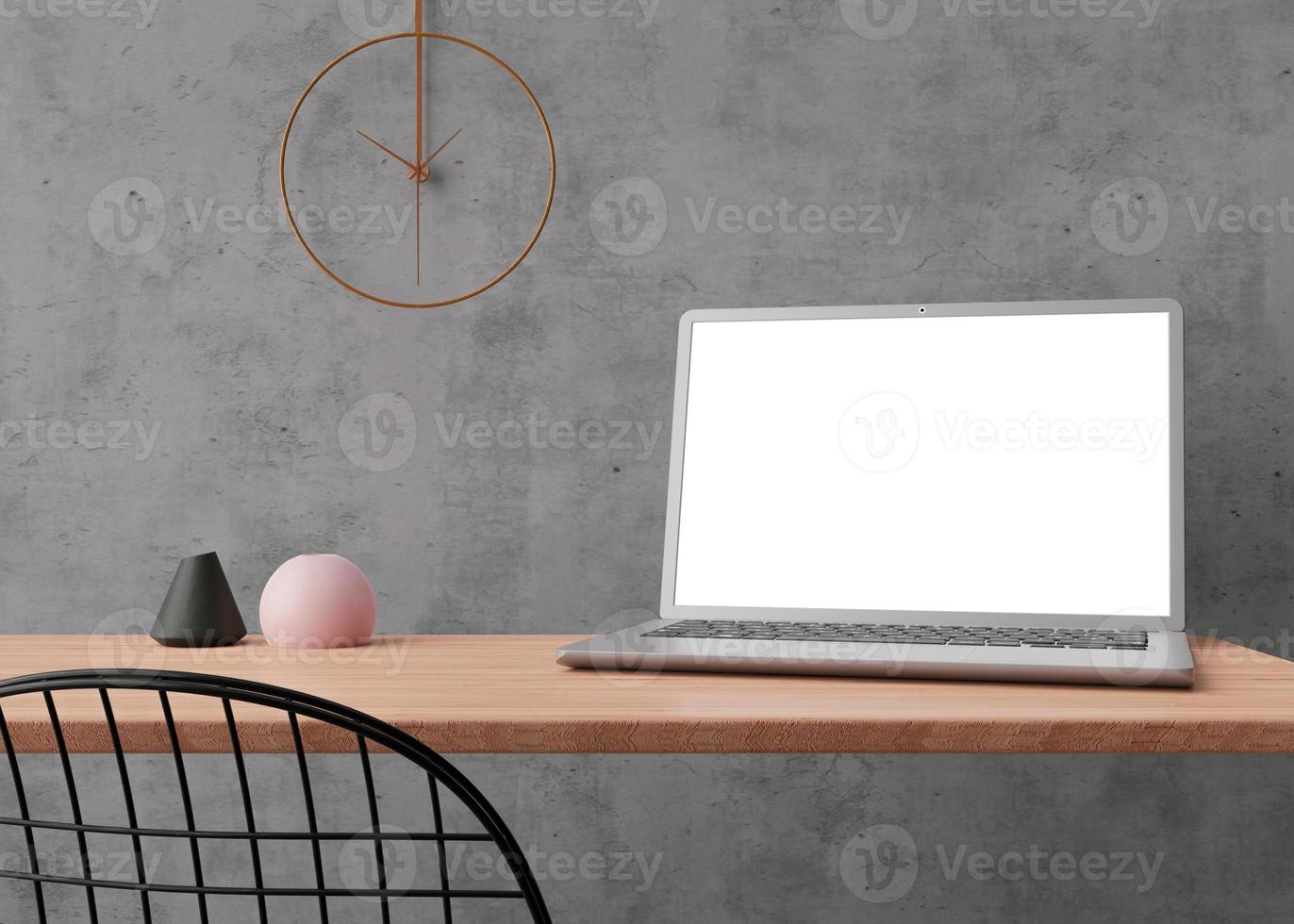 Laptop with blank white screen on wooden table at home or in office. Computer mock up. Free space for app, game, web site presentation. Cozy interior with concrete wall, clock, vases. 3D rendering. photo