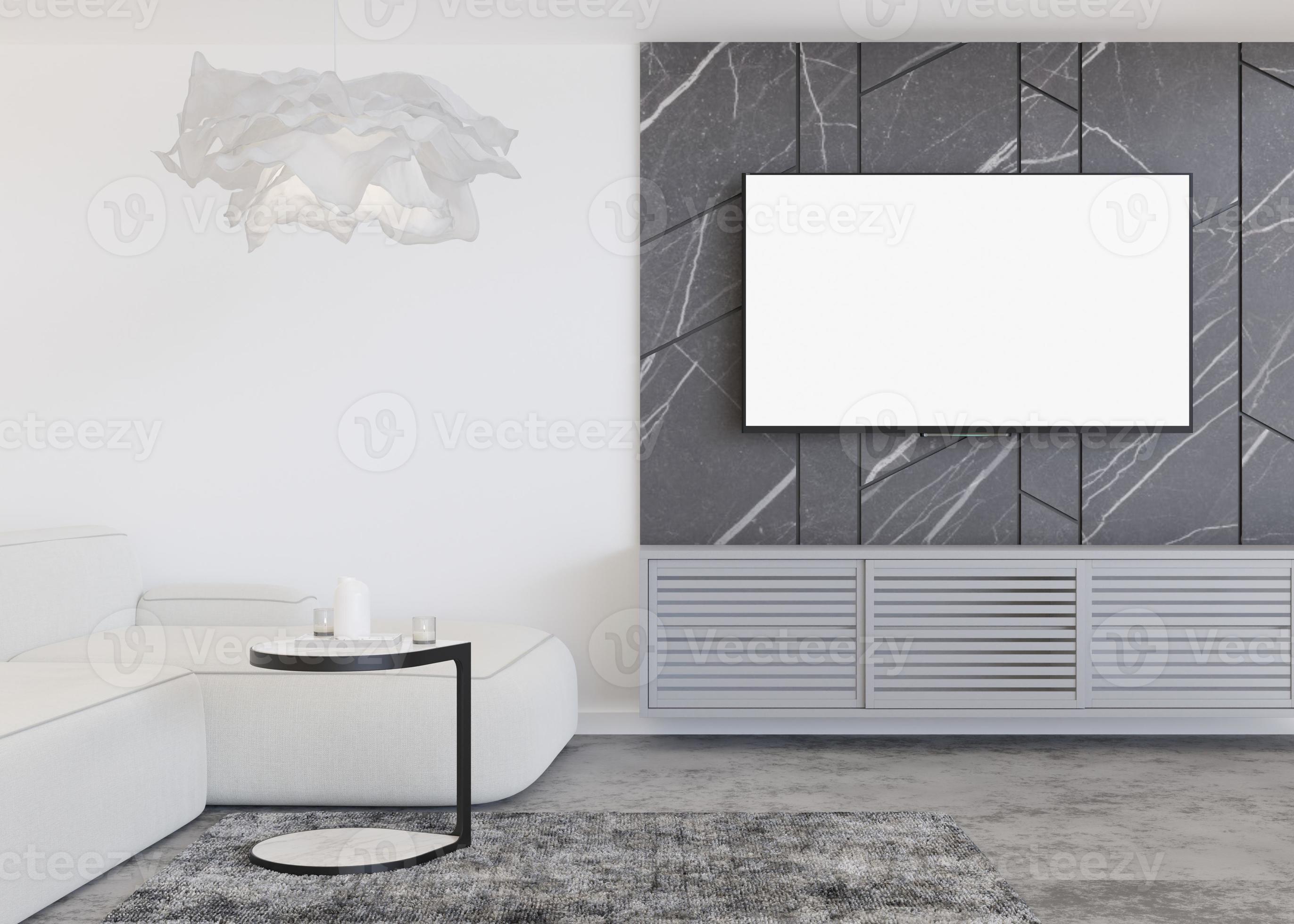 LED TV With Blank White Screen Hanging On The Wall At Home TV Mock Up LED TV With Blank White Screen Hanging On The Wall At Home TV Mock Up