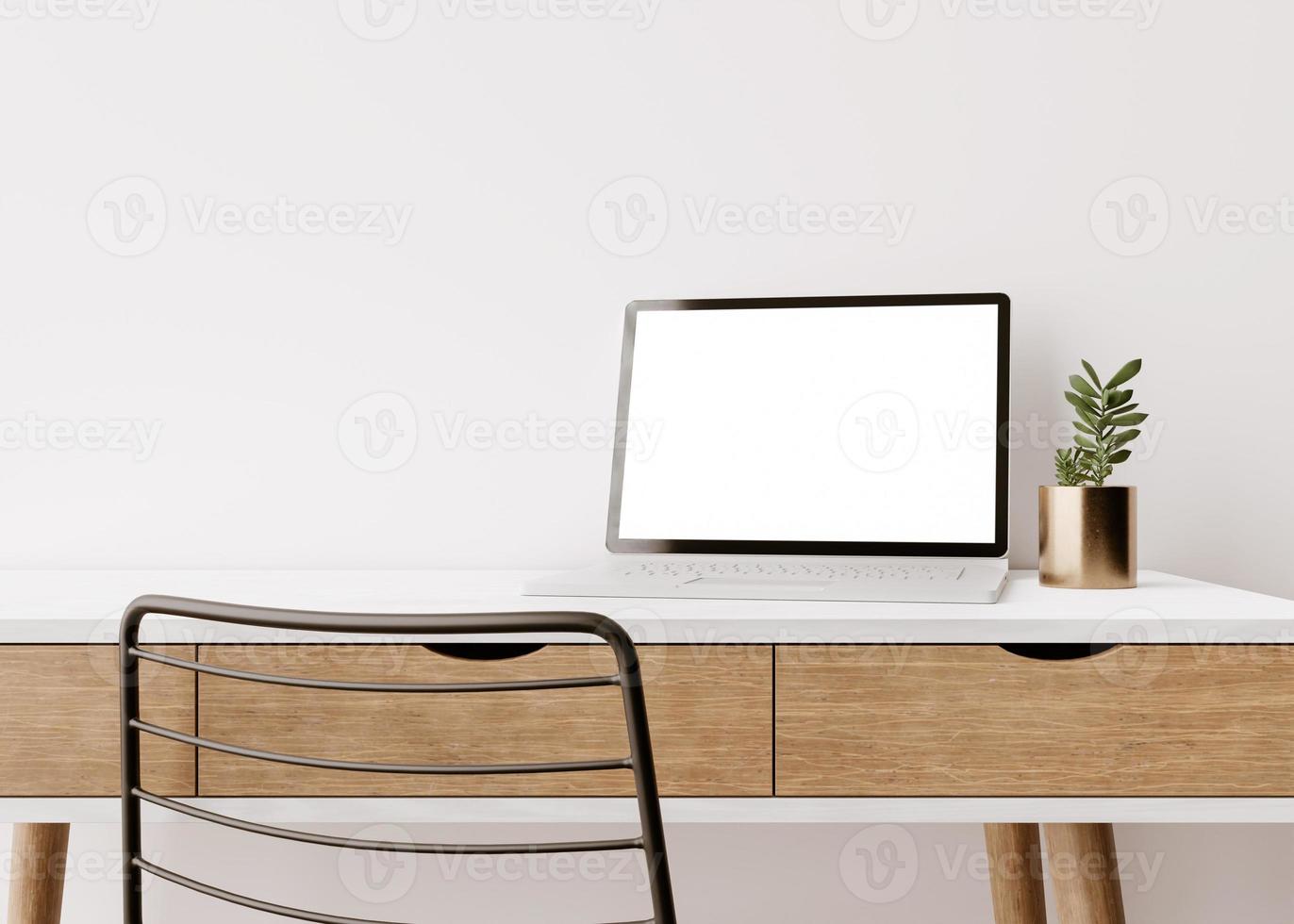 Laptop with blank white screen on wooden table at home or in office. Computer mock up. Free space for app, game, web site presentation. Cozy interior with white wall, chair, plant. 3D rendering. photo