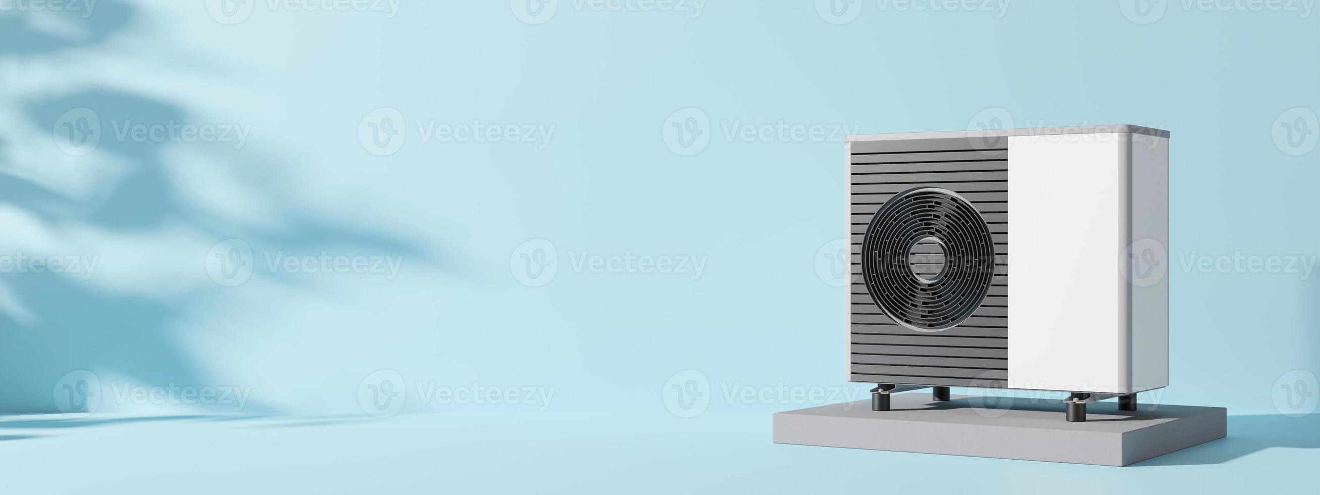 Air heat pump on blue background. Modern, environmentally friendly heating. Air source heat pumps are efficient and renewable source of energy. Banner with copy space for text, advertising. 3d render. photo