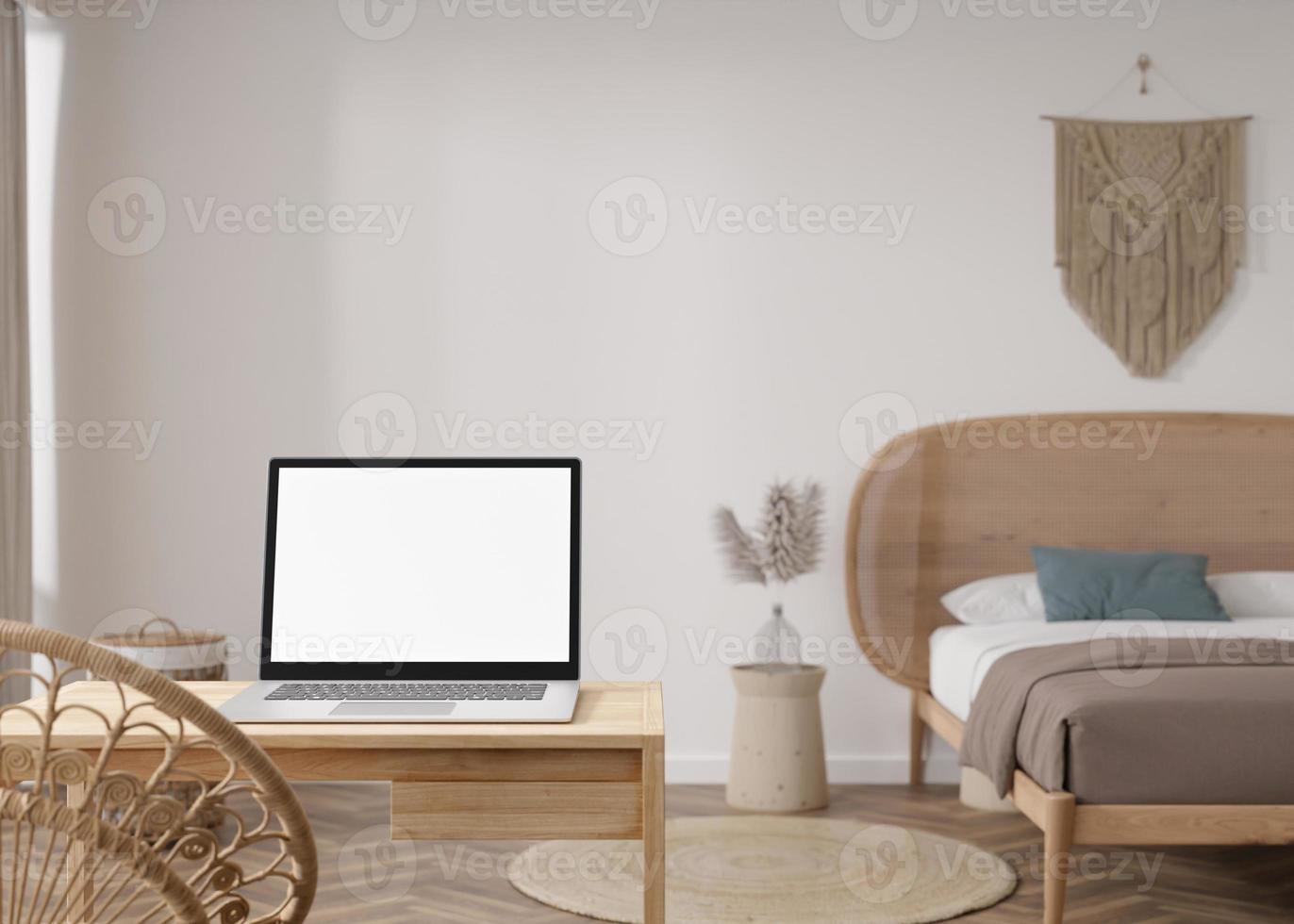 Laptop with blank white screen, on wooden table at home. Computer mock up. Free, copy space for app, game, web site presentation. Empty laptop screen ready for your design. Modern interior. 3D render. photo