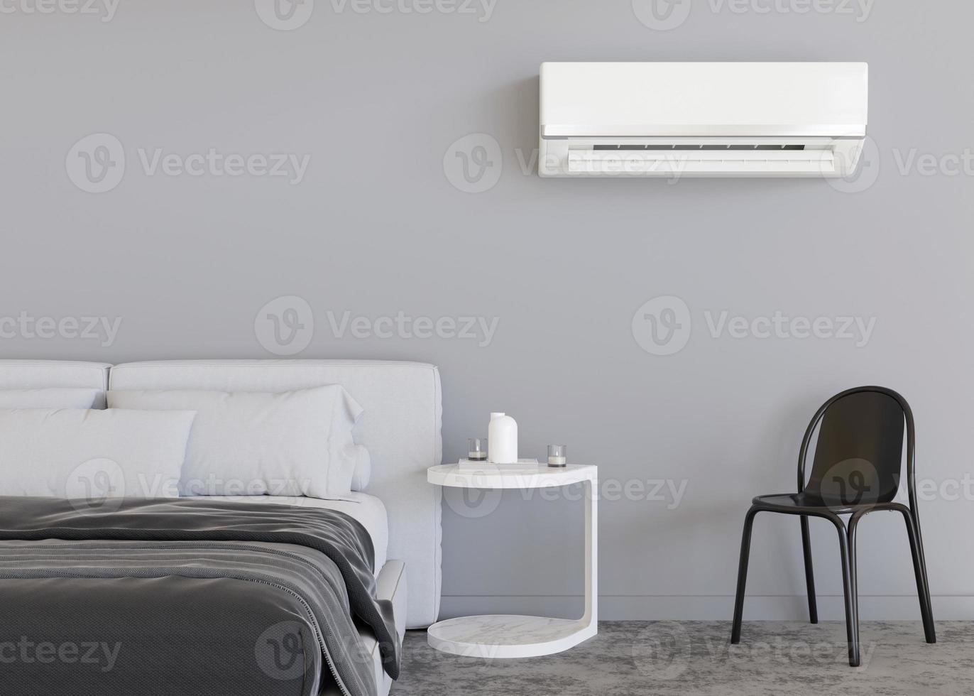 Modern air conditioner hanging on the wall in room. Cooling product for hot climate in summer. Machine which keeps the air in a building cool and dry. Modern interior with air-conditioning. 3D render. photo