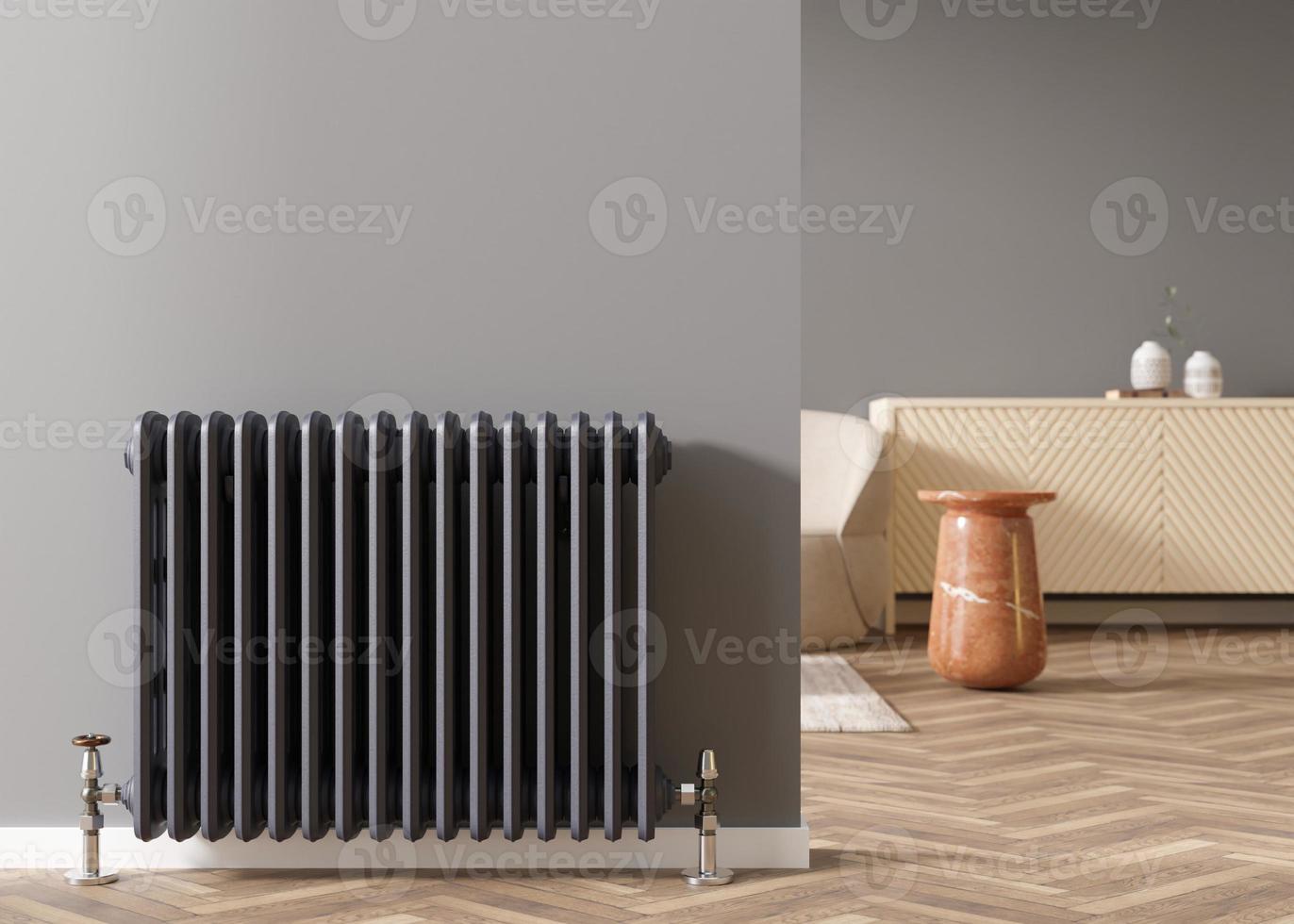 Heating radiator on gray wall in modern room. Home interior. Central heating system. Heating is getting more expensive. Energy crisis. 3D rendering. photo