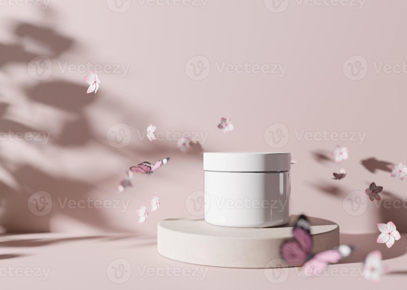 White, blank and unbranded cosmetic cream jar standing on podium, with flying flowers. Skin care product presentation on pink background. Natural mock up. Jar with copy space. Blossom. 3D rendering. photo