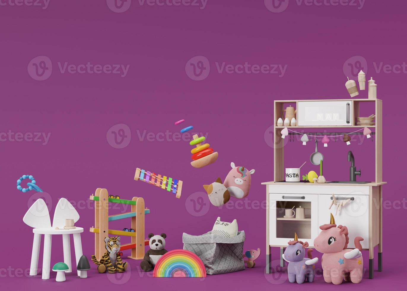 Children's toys on violet background with copy space. Multicolored wooden and plush toys for toddler or baby. Play kitchen with wooden dishes. Empty space for your text, advertising, 3d rendering. photo