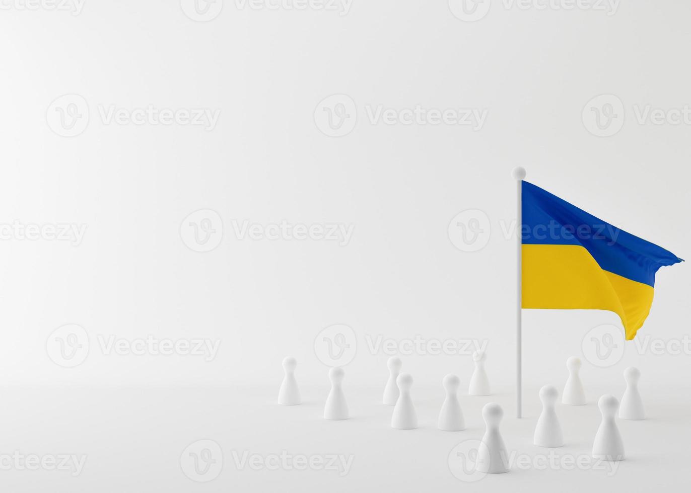 Ukrainian flag and people figures on white background. Conflict. Save Ukraine. Stop war, military attack and occupation. Support. Copy space for your text. 3D rendering. photo