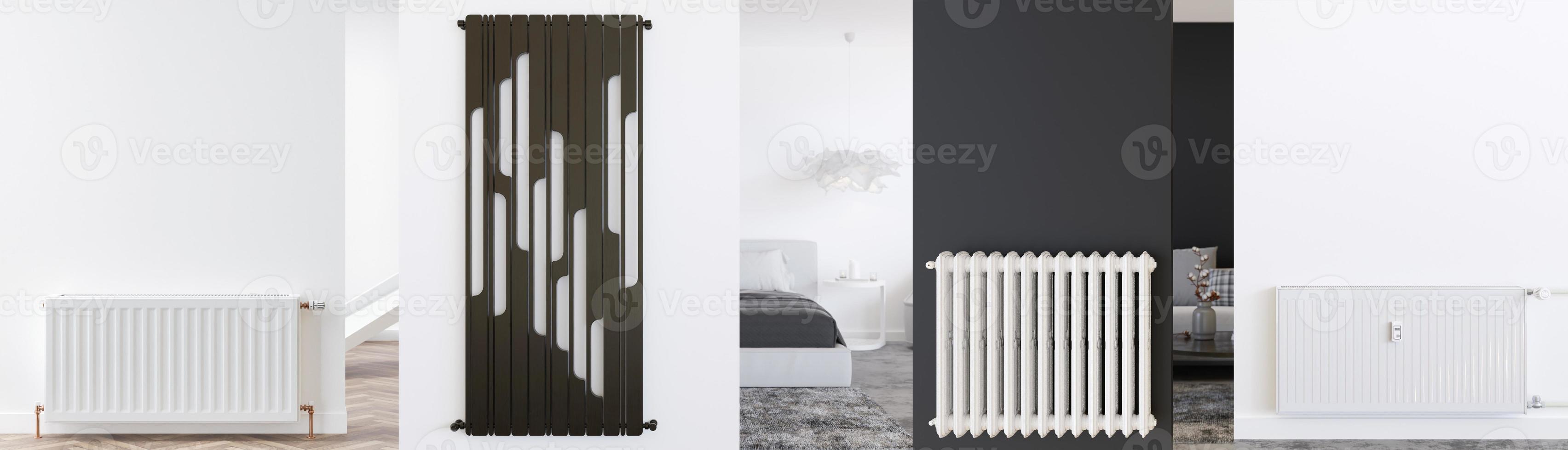 Collage with various modern heating radiators in home interior. Beautiful design radiator. Banner with heating elements. Radiator shop, store, consulting. Heating planning. 3D rendering. photo