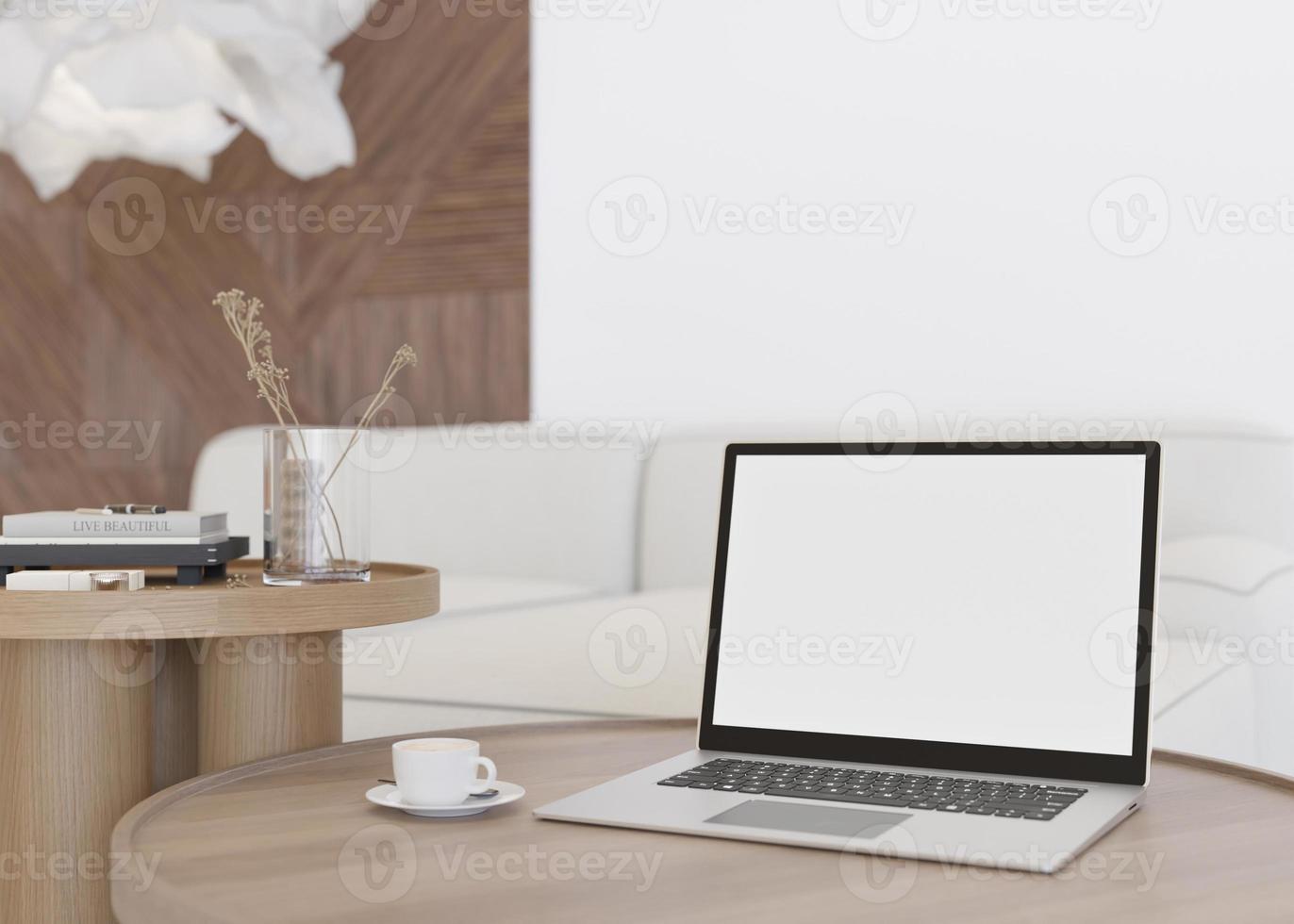 Laptop with blank white screen, on wooden table at home. Computer mock up. Free, copy space for app, game, web site presentation. Empty laptop screen ready for your design. Modern interior. 3D render. photo