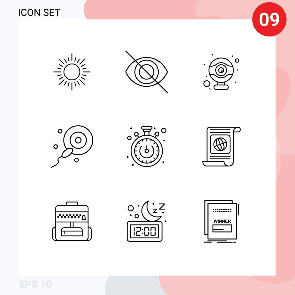 Pictogram Set of 9 Simple Outlines of target goal webcam timer stopwatch Editable Vector Design Elements