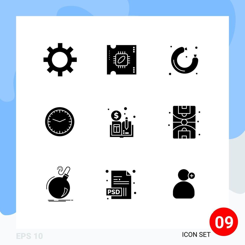 Editable Vector Line Pack of 9 Simple Solid Glyphs of distributed watch sausage wall office Editable Vector Design Elements