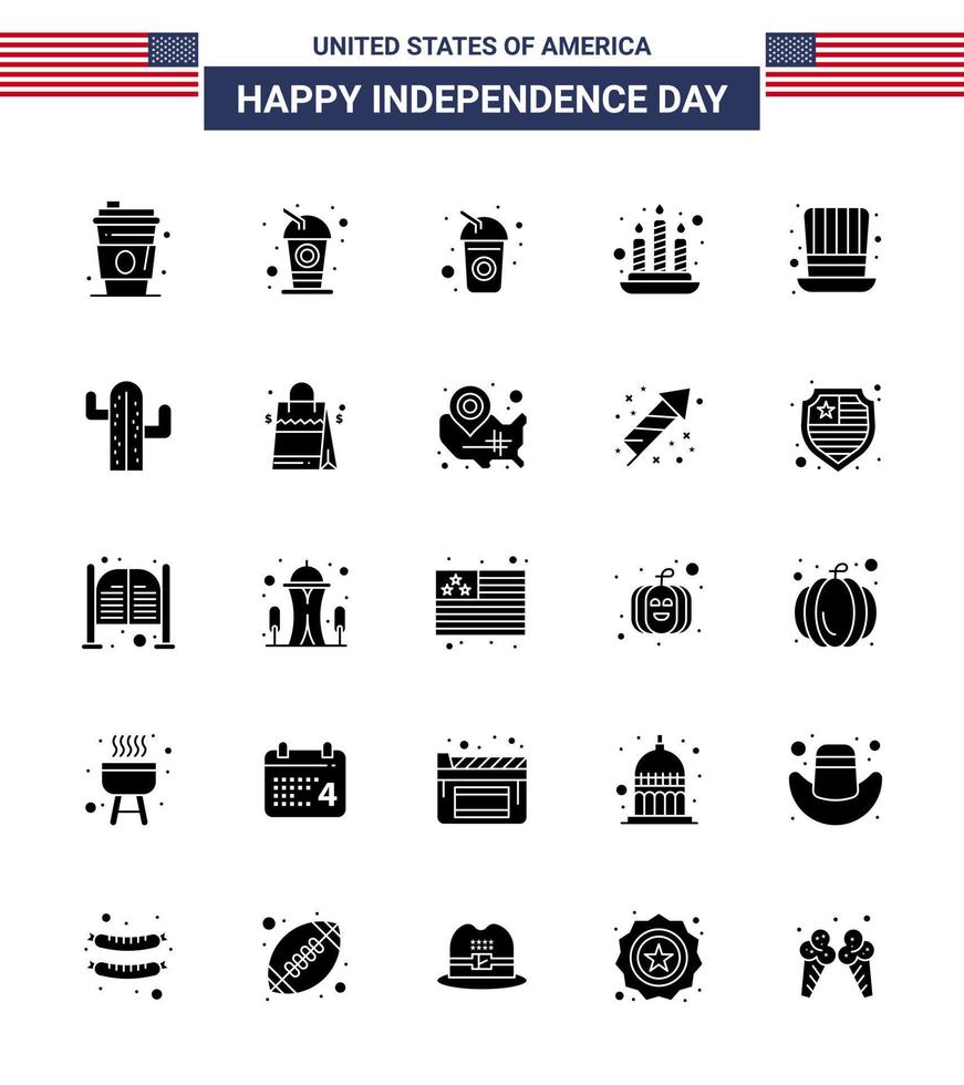 25 USA Solid Glyph Signs Independence Day Celebration Symbols of plent cactus candle usa hat Editable USA Day Vector Design Elements