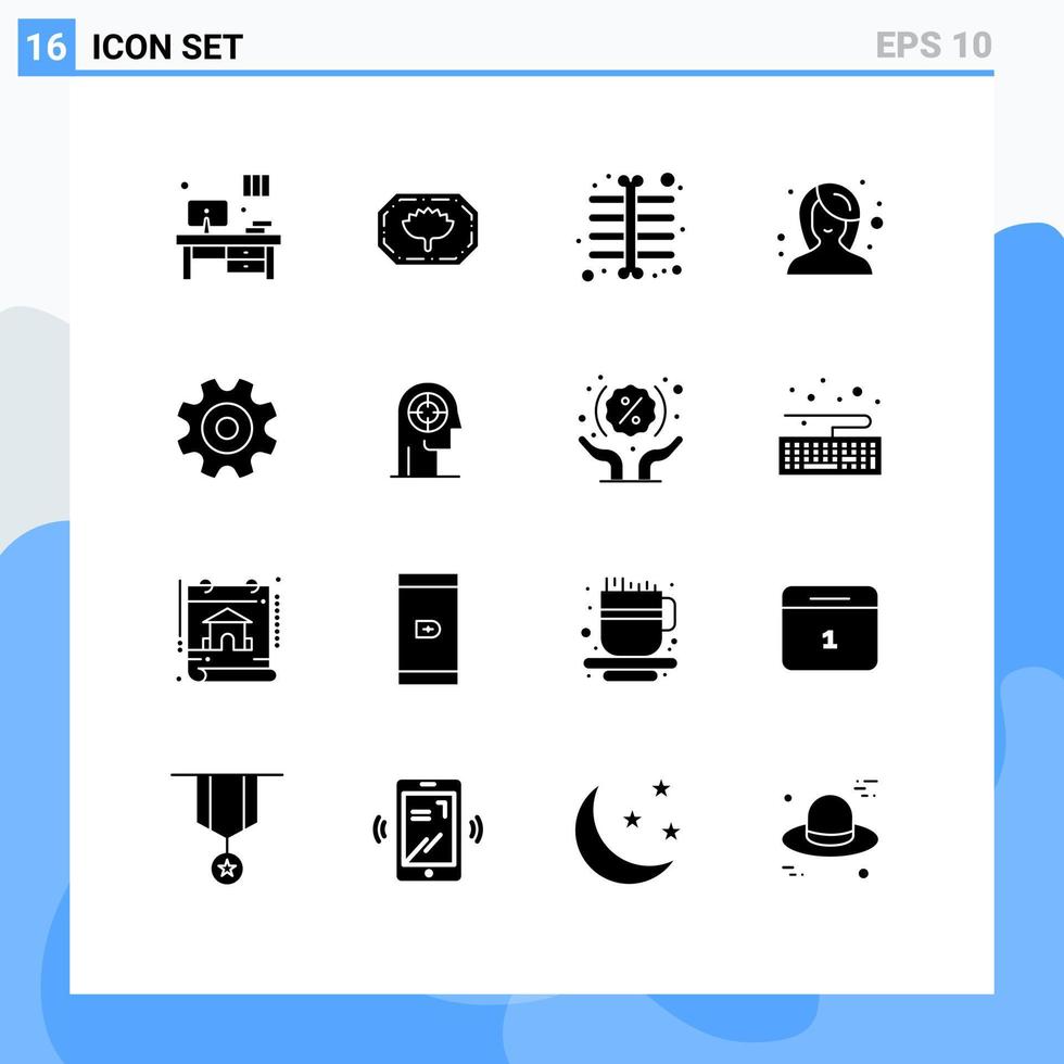 grupo de 16 glifos sólidos modernos establecidos para la configuración de flechas esqueleto xray engranaje mujer elementos de diseño vectorial editables vector
