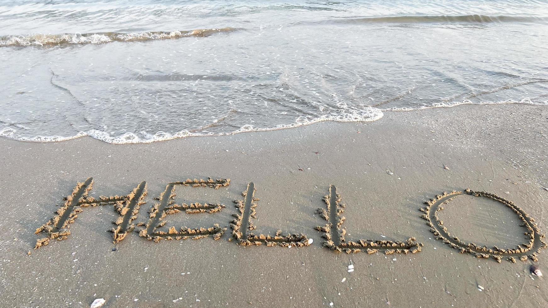 A word hello by handwriting on the beach and sea wave photo