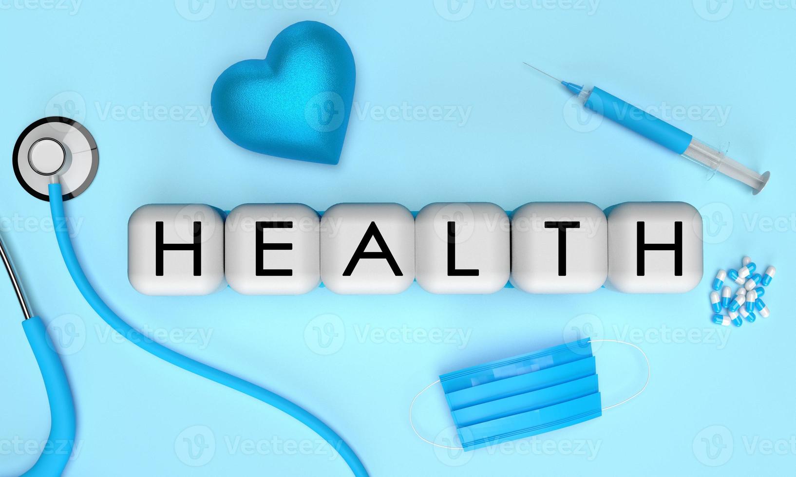 Concept Cube wooden box healthcare font text heart medical stethoscope syringe wear mask blue background symbol decoration treatment physician doctor hospital technology technology insurance.3d render photo