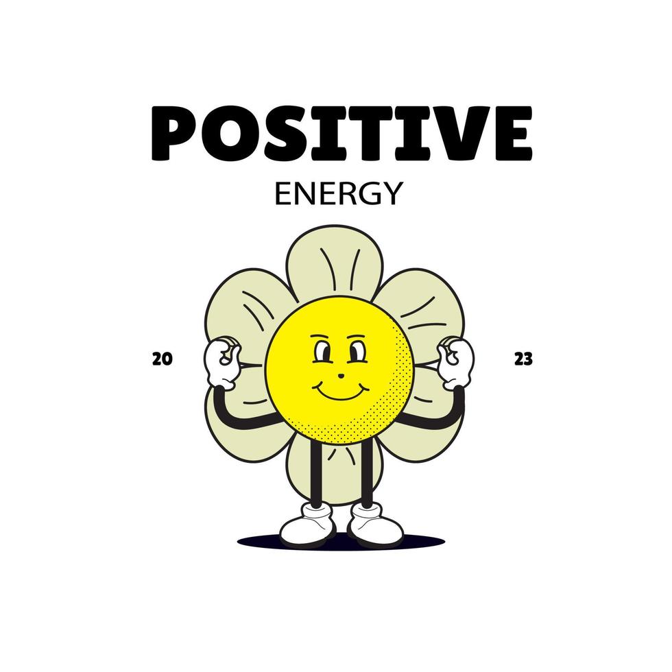 70s Retro Cute Cartoon Character Illustration. Positive Energy Slogan for Poster or T-Shirt Print Design. Vector