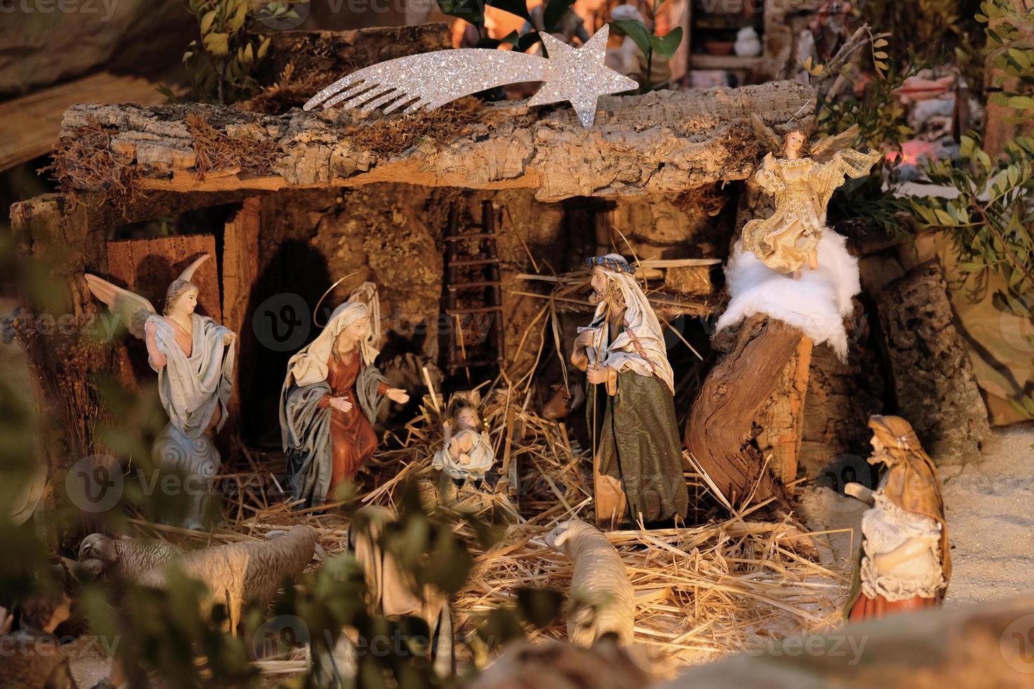 Nativity scene with baby Jesus. The Magi in the nativity scene. Christian tradition has it that Three Kings visited Jesus. photo