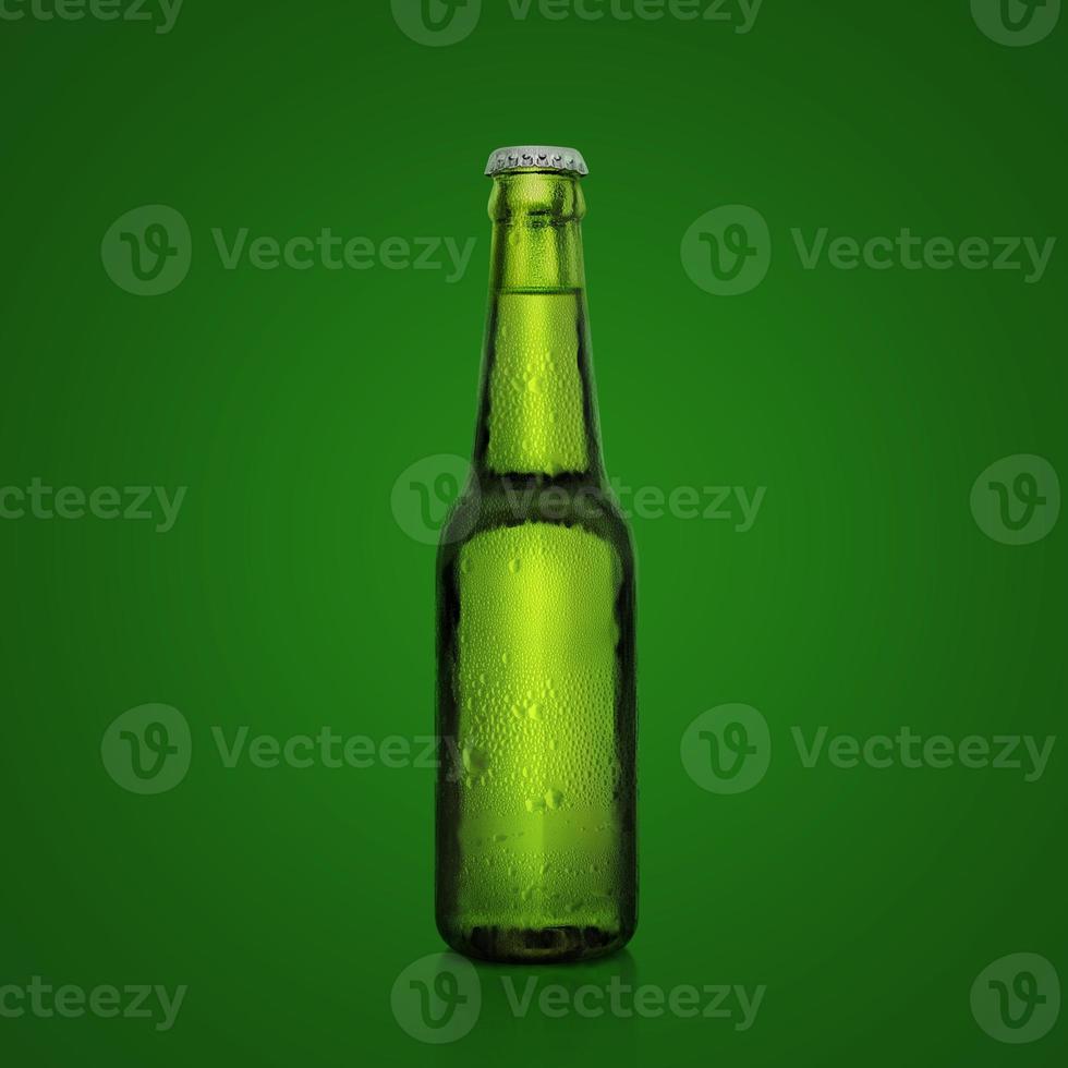 Green bottle of fresh beer with drops of condensation on a green background. 3d render photo