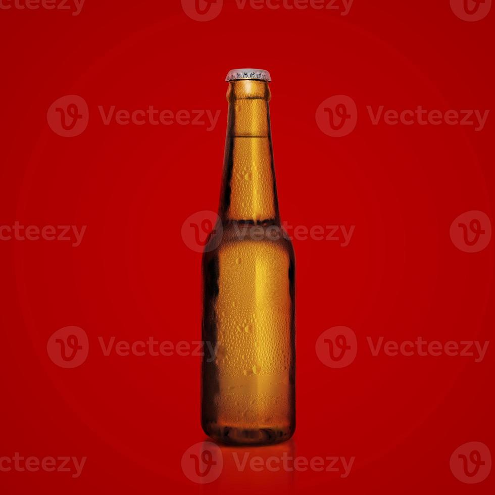 Brown bottle of fresh beer with drops of condensation on a red background. 3d render photo