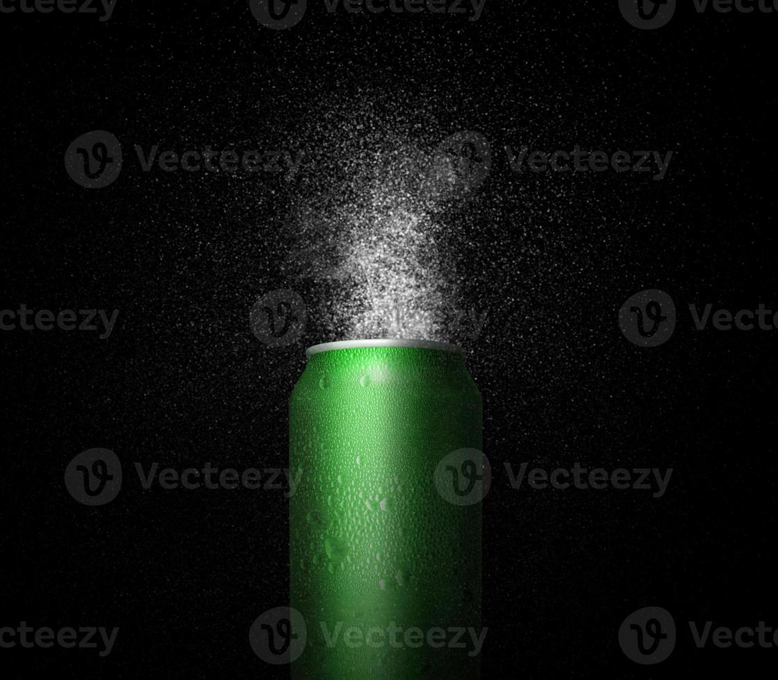 Green beer aluminum can with splashing beer on a black background. 3d render photo