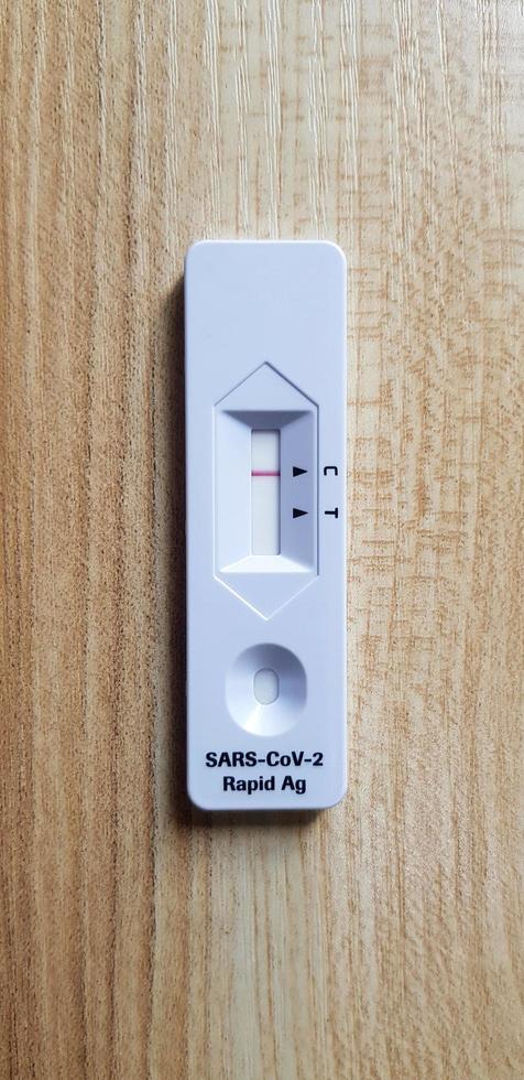 Covid antigen test kit on wooden table  for people testing infected with corona virus by by self before go to see doctor at hospital. Healthcare Tool for checking health on wood background. photo