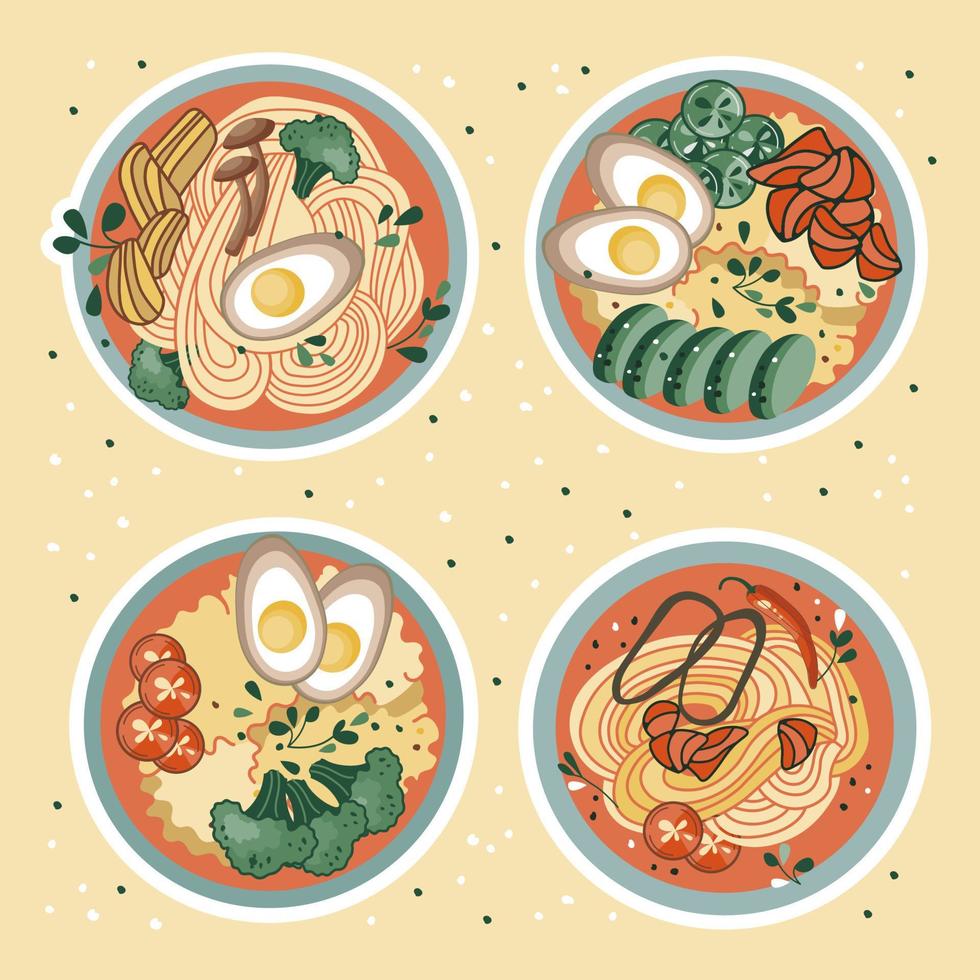 Asian food stickers. Udon or ramen soup. Chinese noodles. Suitable for restaurant banners, logos, and fast food advertisements. vector