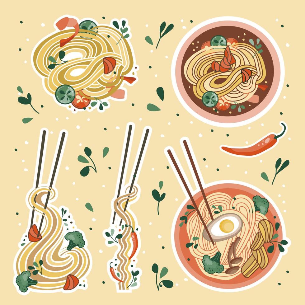 pegatinas de comida asiática. fideos chinos. sopa de udon o ramen. adecuado para pancartas de restaurantes, logotipos y anuncios de comida rápida. vector