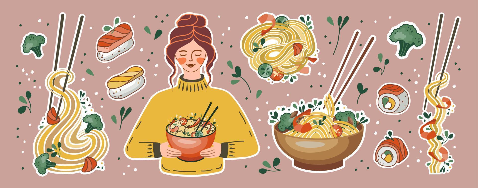 Asian food stickers. Girl with rice bowl. Udon or ramen soup, noodles, sushi, and bowl. Suitable for restaurant banners, logos, and fast food advertisements. Seafood. vector