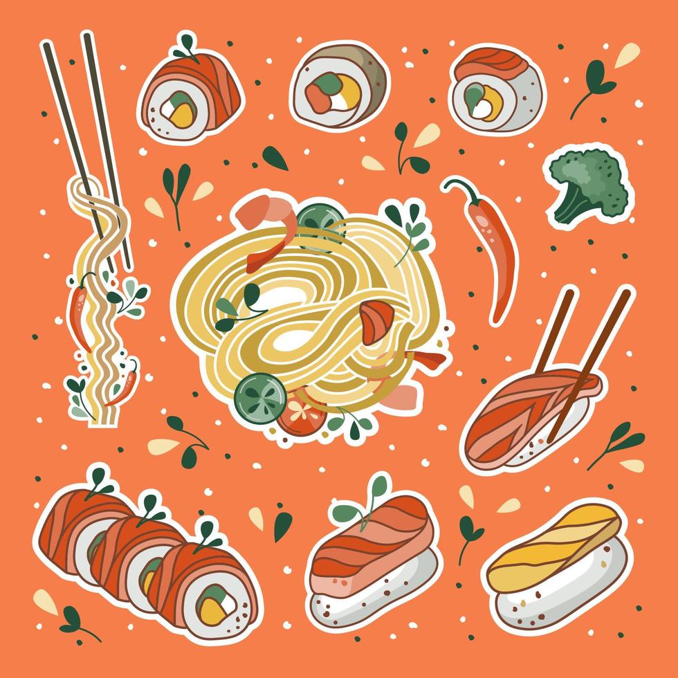 pegatinas de comida asiática. sopa de udon o ramen, fideos, sushi y tazón. adecuado para pancartas de restaurantes, logotipos y anuncios de comida rápida. mariscos. vector