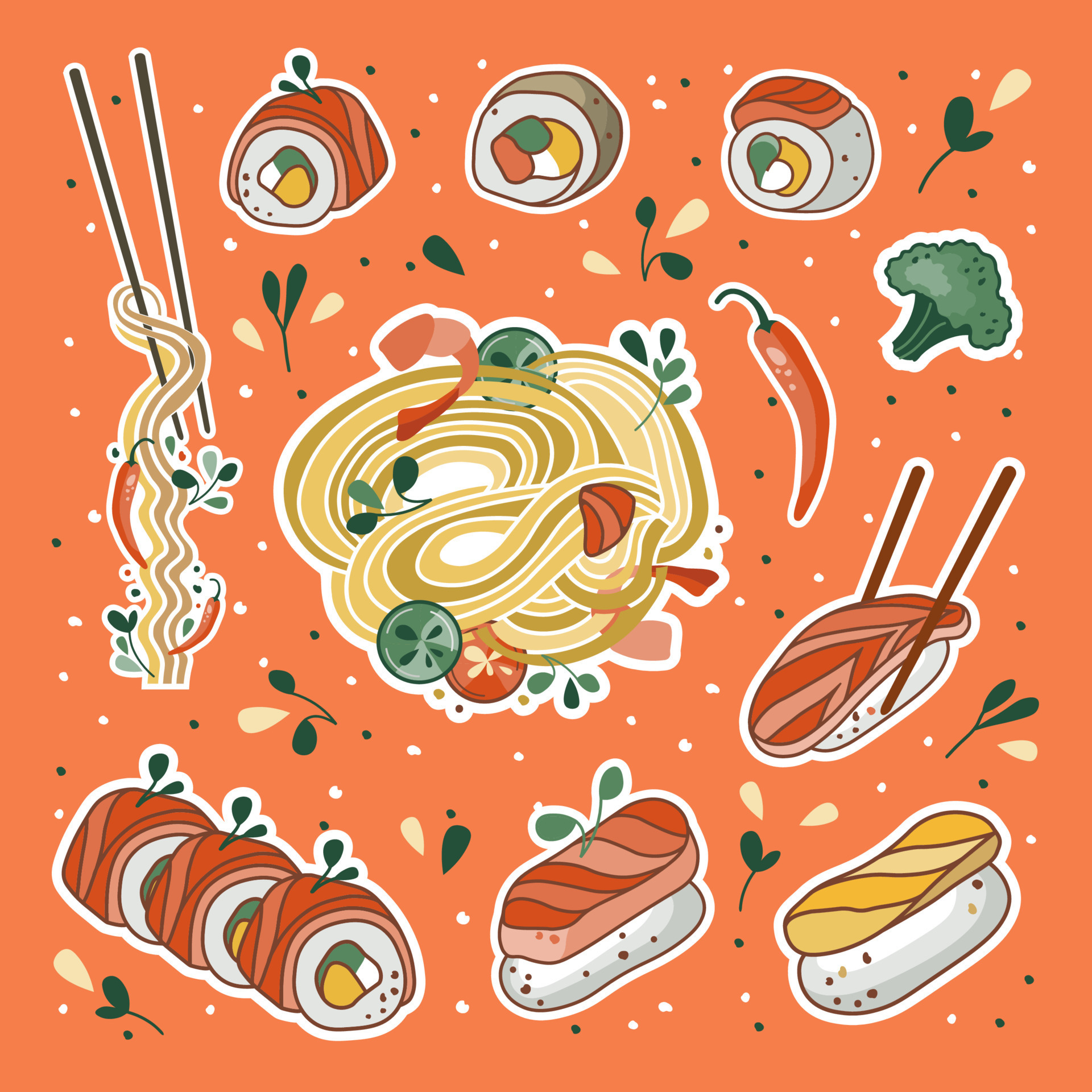 Asian food stickers. Udon or ramen soup, noodles, sushi, and bowl
