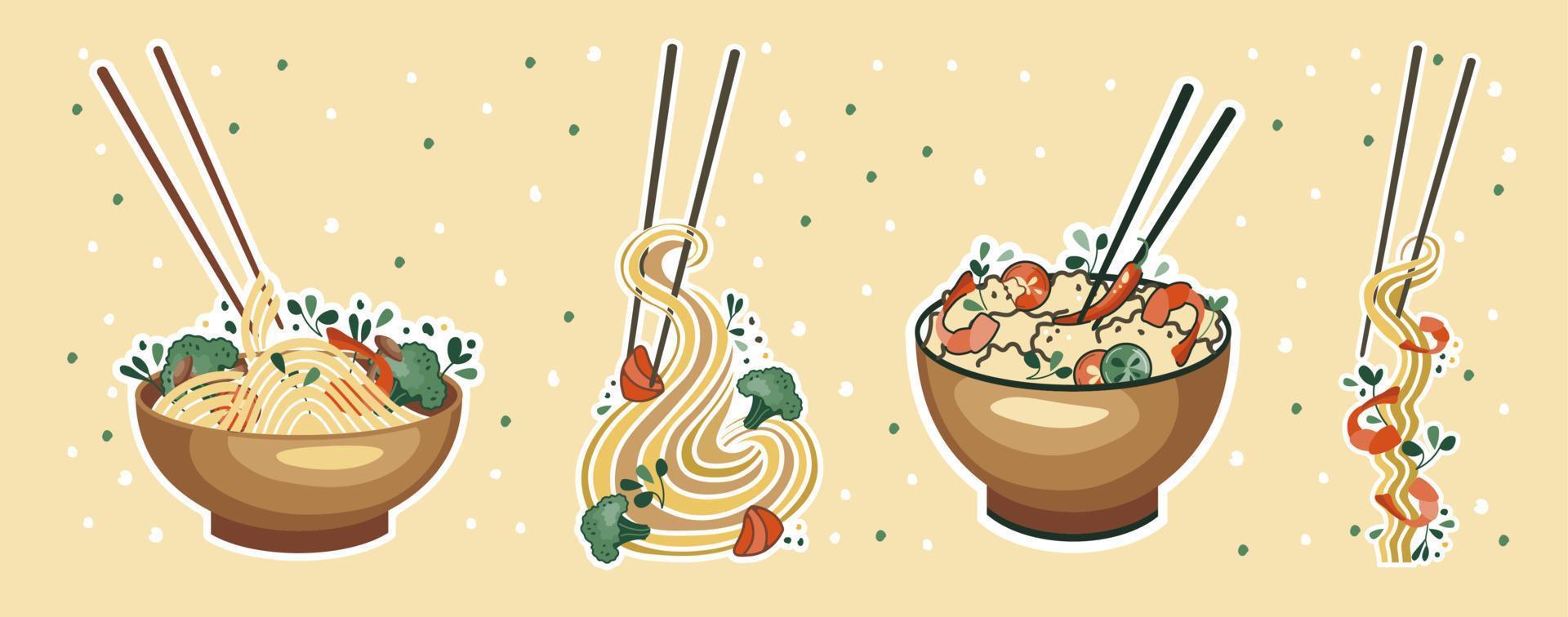 Asian food stickers. Udon or ramen soup. Noodles and rice with seafood. Suitable for restaurant banners, logos, and fast food advertisements. Korean or Chinese food. vector