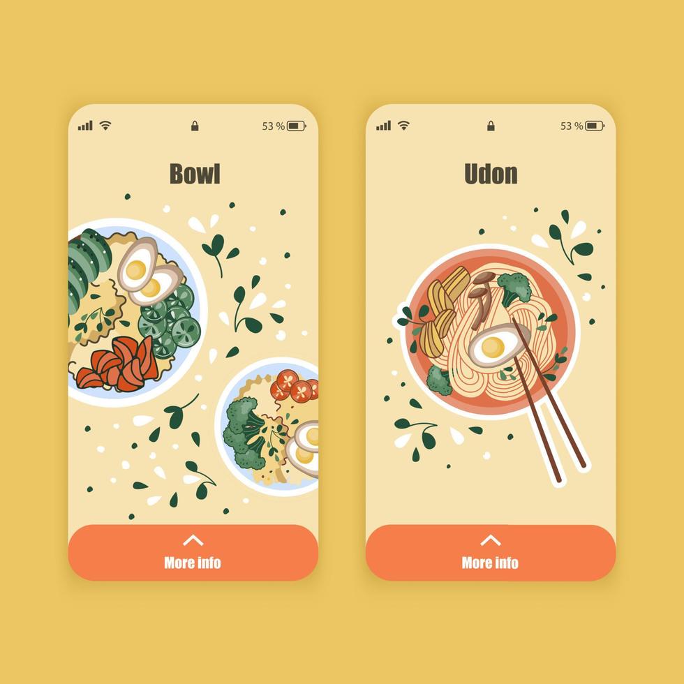 Set of UI, UX screens for mobile app about food delivery. Asian food Dashboard. Chinese, Korean or Japanese online shop. Template of the interface. vector