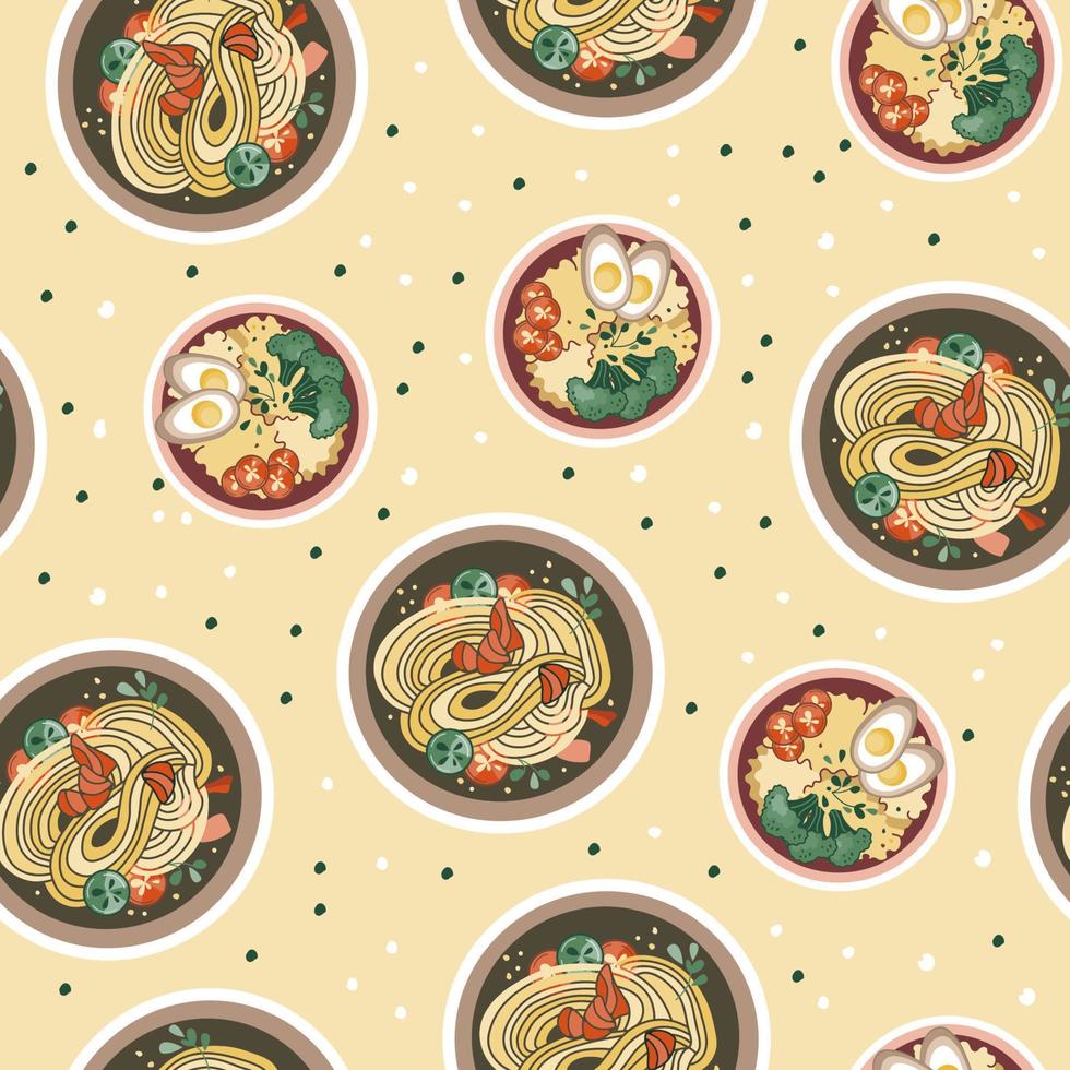 Asian food print. Pattern with udon or ramen soup. Bowl with noodles. Suitable for restaurant banners, menus, and fast food advertisements. Korean or Chinese food. vector