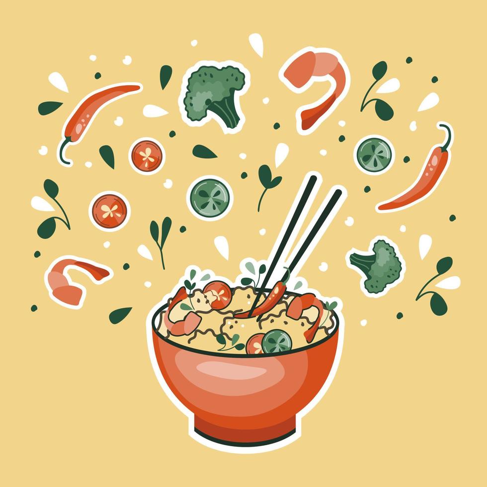 pegatina de comida asiática. arroz con camarones y pimiento picante. adecuado para pancartas de restaurantes, logotipos y anuncios de comida rápida. comida coreana o china. vector