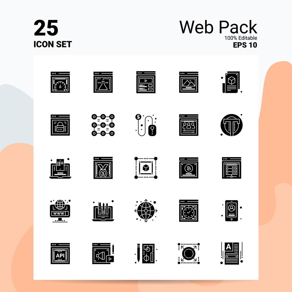 25 Web Pack Icon Set 100 Editable EPS 10 Files Business Logo Concept Ideas Solid Glyph icon design vector