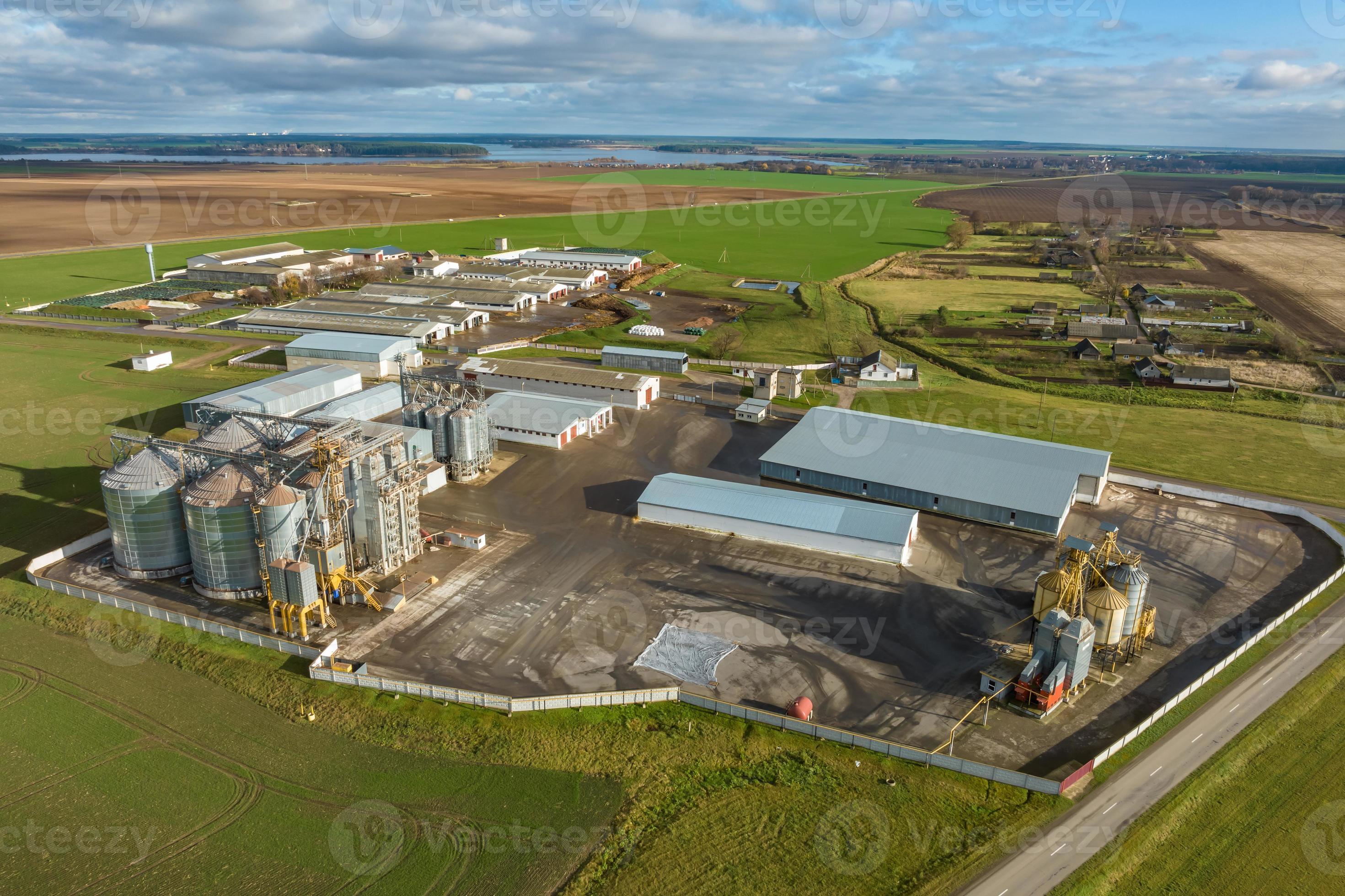 aerial view of a huge agroindustrial complex with silos and grain