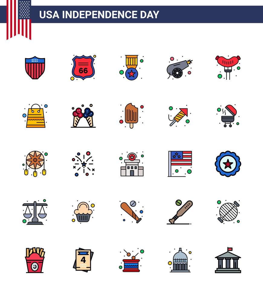 Flat Filled Line Pack of 25 USA Independence Day Symbols of frankfurter weapon award war army Editable USA Day Vector Design Elements
